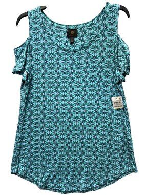 JM Collection Womens Med Blue & Green Cold Shoulder Top Geometric Print Rayon